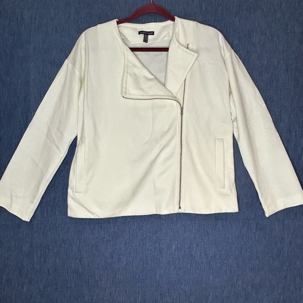 Eileen Fisher Cream Asymmetrical Zip Leather Jacket